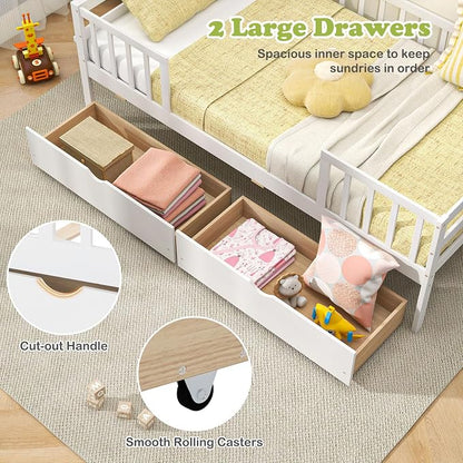 Giantex Twin Kids Bed with Storage Drawers, Wood Montessori Bed with Rails & Side Shelf, Low Daybed for Boys, Girls, No Box Spring Needed (White)
