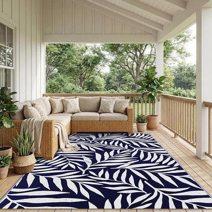 Smiry Outdoor Rug 5x8 ft, Waterproof Reversible Plastic Straw Rugs, Outdoor Area Rug with Leaf Pattern, Outside Floor Mat for Patio, Backyard, Deck, Picnic, Beach, Camping, Navy & White