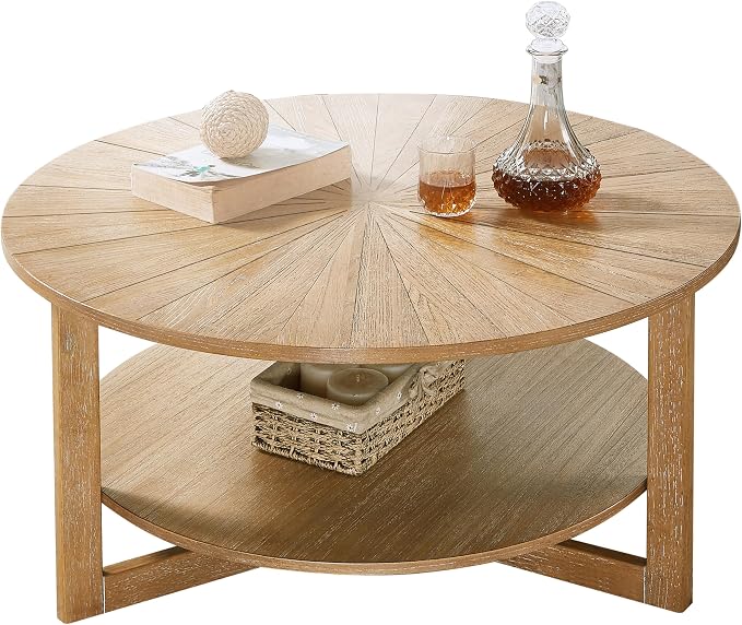 Round Coffee Table, 35" Circle Wood Coffee Table with Storage Shelf, 2 Tier Center Table for Living Room Apartment Home Furniture, Easy Assembly (Light Brown,35" Dx35 Wx18 H)