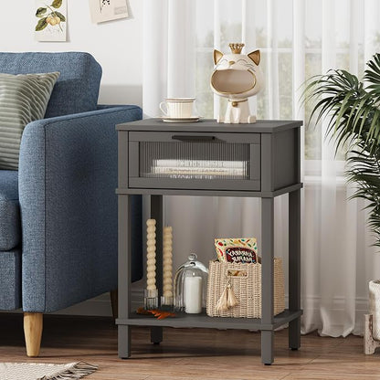 Nightstand Wooden Bedside Table with Drawer Grey Night Stands Modern Style Small End Table Side Table with Storage Shelf for Bedroom Living Room MLBZ10G