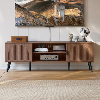 ChooChoo TV Stand for Living Room, Mid Century Modern TV Stand for 65 Inch TVs, Entertainment Center with Storage Cabinet and Open Shelves, TV Console Table Media Cabinet for Bedroom, Walnut