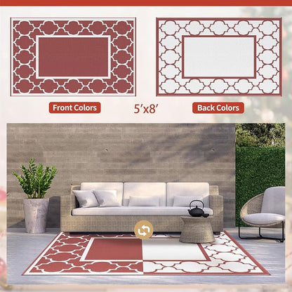GENIMO 5' x 8' Outdoor Rug Waterproof for Patio Decor, Foldable Reversible Plastic Straw Area Rugs Mat for Camper, Outside Carpet for Rv, Deck, Porch, Picnic, Beach, Balcony, Red & White