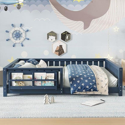 Bellemave Queen Size Floor Bed with Slats and Safety Guardrail, Queen Size Montessori Floor Bed with Fence and Built-in Bookshelf, Easy Assemble Montessori Beds for Girls, Boys, Blue
