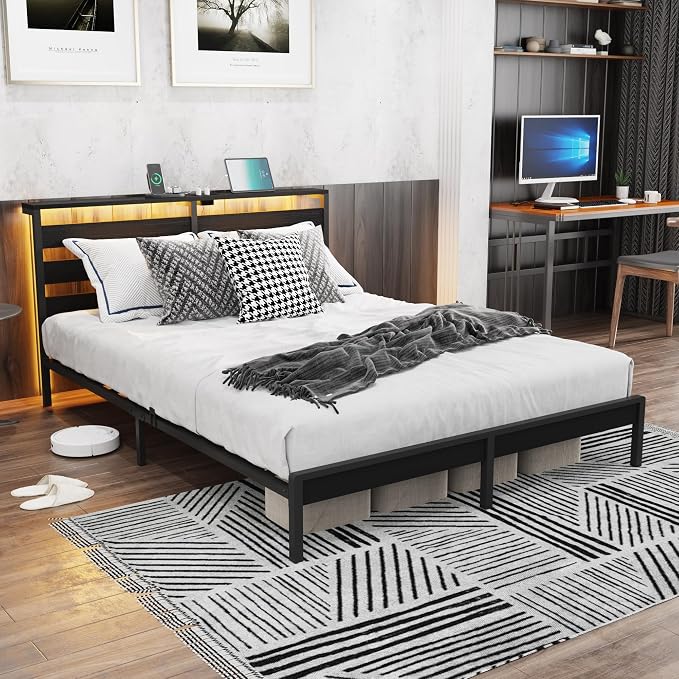 Full Size Metal Platform Bed Frame with LED Headboard & Storage Shelf, Modern Black Metal Bed with USB Charging, No Box Spring Needed, Sturdy Slat Support for Bedroom（Black,Full）