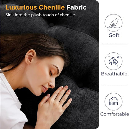 MAXYOYO 6" Folding Sofa Bed for Floor, Tufted Tri-Fold Floor Mattress with Chenille Fabric, Twin Size Portable Sofa Couch Guest Mat for Adults, Foldable Topper for Camping, Black, 35.4"x75"