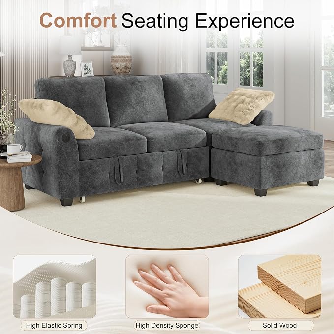 Hanherry 81" Sectional Couch with Pull Out Sofa Bed,Chenille Sleeper Sofa with Storage Ottoman & USB Charging,Comfy L Shaped Modular Couches for Living Room,Apartment