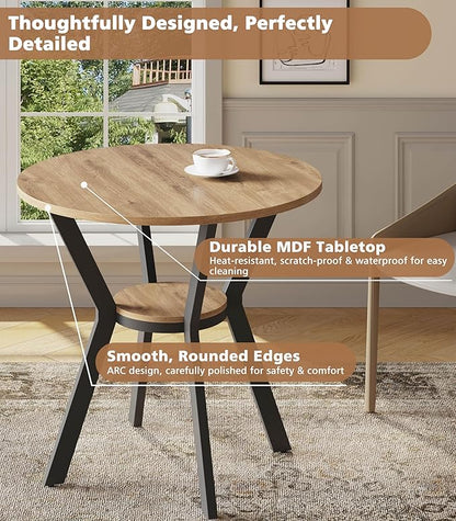 Round Kitchen Tables for 2-4, 31.5" Small Dining Tables with Storage, Rustic Wood Circle Dinner Table with Metal Leg, Farmhouse Dinner Table for Small Space, Dining Room, Kitchen, Office, Apartment