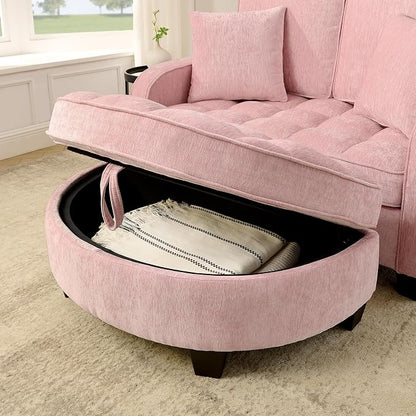 ERYE Chenille Tufted Loveseat Sofa and Ottoman Set, Tufted Recliner Sleeper Chaise Lounge with Curved Storage Ottoman,Reclining Backrest and Side Pockets, 4 Pillows