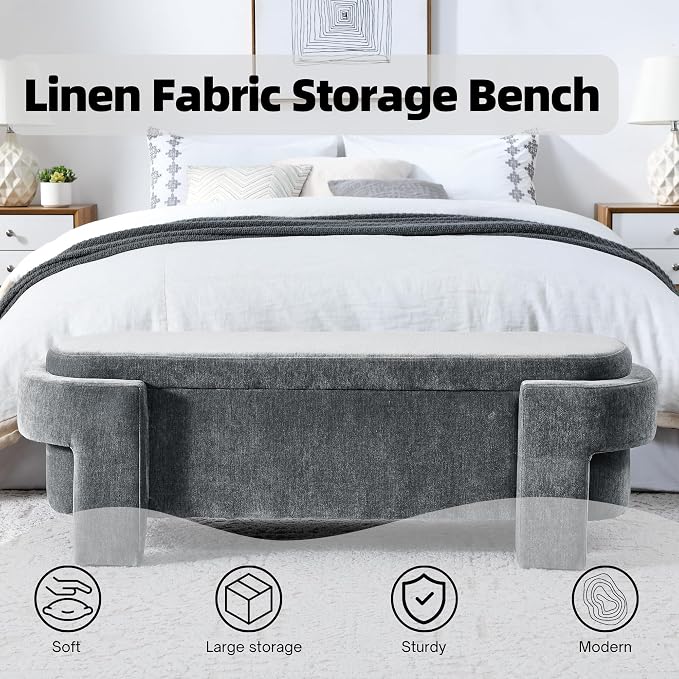 51.5" Oval Storage Bench End of Bed Storage Benches Linen Fabric Upholstered Ottoman Bench with Large Storage Space for Living Room Entryway Bedroom Hallway (Dark Grey, 51.5 inch)