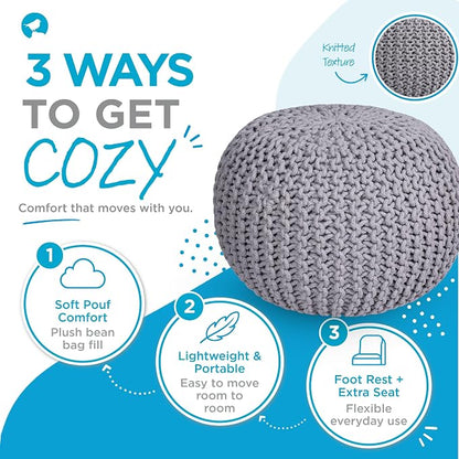 BIRDROCK HOME Round Pouf Ottoman Foot Rest - 18.5”x18.5”x15” Boho Compact Comfortable Soft Cotton Braided Foot Stool with Bean Bag Filling for Living Room, Bedroom, or Nursery (Light Gray)