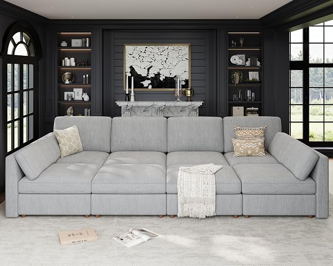 Oversized Modular Sectional Sleeper Sofa Bed Cloud Couches Gray | Deep Seat Couch for Living Room, 8 Seater Luxury Comfortable Sofa with Ottoman, Solid Wood Frame, Removable Washable Cover
