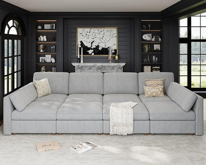 Oversized Modular Sectional Sleeper Sofa Bed Cloud Couches Gray | Deep Seat Couch for Living Room, 8 Seater Luxury Comfortable Sofa with Ottoman, Solid Wood Frame, Removable Washable Cover