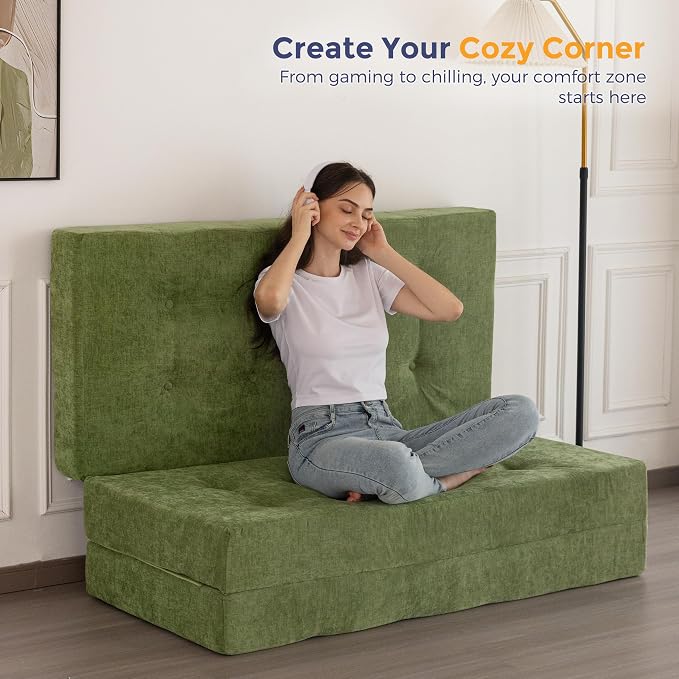 MAXYOYO 6" Folding Sofa Bed for Floor, Tufted Tri-Fold Floor Mattress with Chenille Fabric, Full Size Portable Sofa Couch Guest Mat for Adults, Foldable Topper for Camping, Green, 53"x75"