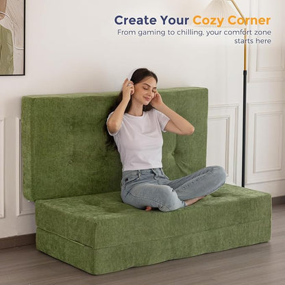 MAXYOYO 6" Folding Sofa Bed for Floor, Tufted Tri-Fold Floor Mattress with Chenille Fabric, Twin Size Portable Sofa Couch Guest Mat for Adults, Foldable Topper for Camping, Green, 35.4"x75"