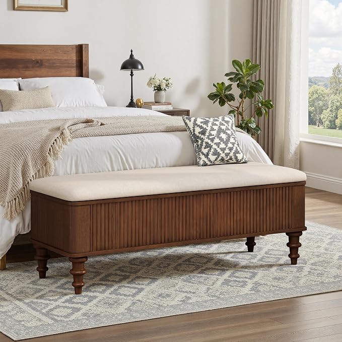 50.8-inch Multi-Functional Storage Ottoman Bench-Solid Rubberwood Bed End Bench with Linen Seat, Storage Bench for Bedroom, Entryway Shoe Organizer for Bedroom, Living Room, Entryway, Closet, Walnut