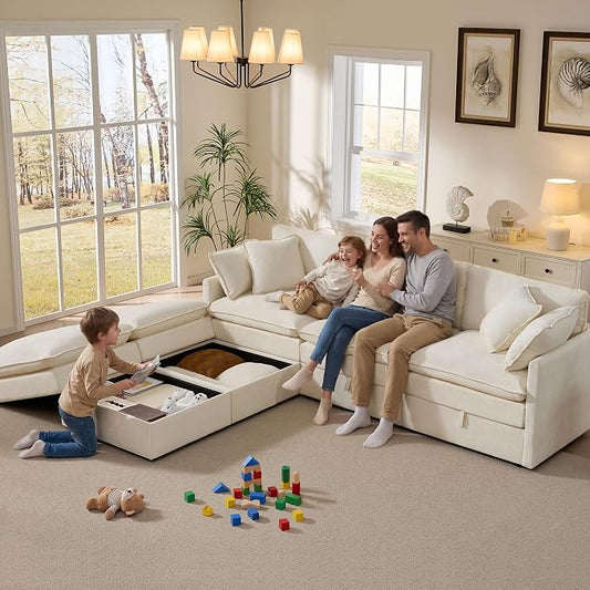 Ihanherry 103” Modular Sectional Sofa with Storage, U Shaped Cloud Couch with Movable Ottomans & 4 Pillows, Chenille Deep Seat Sectional Couches for Living Room, Apartment (Beige)
