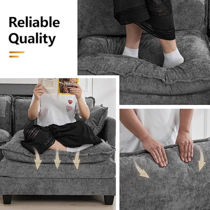 113'' V Shaped Cloud Sectional Sofa, Oversized Deep Seat Couches for Living Room, Chenille Comfy Upholstered Modular Sectional Sofa Couch with 2 Movable Ottoman, Grey