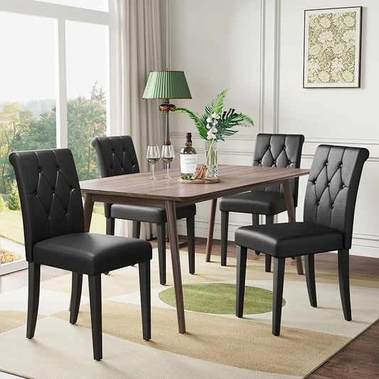Welzona Upholstered Dining Chairs Set of 4, Button Tufted Parsons Dining Chair with Solid Wood Legs, Modern PU Leather Side Chair for Dining Room/Kitchen/Restaurant/Hotel- Black