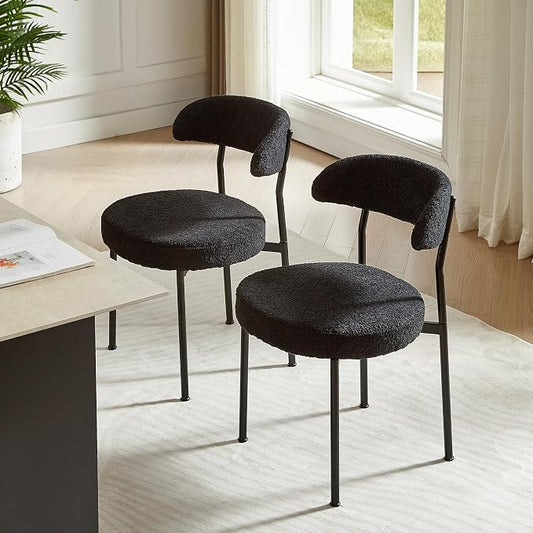 SoarFlash Dining Chairs, Black Boucle Dining Chairs Set of 2, Kitchen Dining Room Chairs Curved Backrest Upholstered Mid Century Modern Chairs with Black Metal Legs