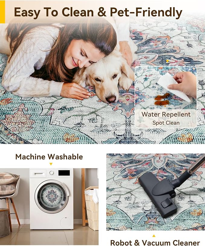 RELEANY Area Rugs Round 10ft Washable Non-Slip, Floral Vintage Distress Medallion Carpet for Living Room Bedroom Dining Room, Green Navy Blue White Red Teal