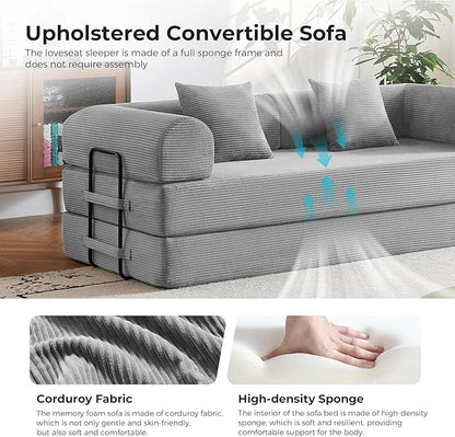 79" 5-in-1 Convertible Sofa Bed No Assembly, Boneless Couch Bed with High Density Foam, Foldable Sleeper Sofa, Corduroy Modular Couch for Apartment, Studio, Dorm Room, Small Space, Light Grey