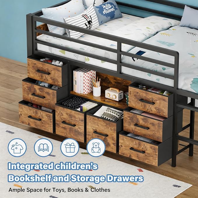 Einhomn Twin Low Loft Bed with 8 Drawers, Bookshelf, Heavy Duty Metal Kids Loft Bed with 13 Inch Safety Guardrail, Play Curtain, Under-Bed Play Area - Rustic Brown
