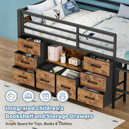 Einhomn Twin Low Loft Bed with 8 Drawers, Bookshelf, Heavy Duty Metal Kids Loft Bed with 13 Inch Safety Guardrail, Play Curtain, Under-Bed Play Area - Rustic Brown