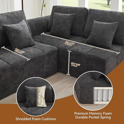 110''Modular Sectional Couches for Living Room, Cloud Boneless Compressed Sectional Sofa, Oversized U Shaped 5 Seater Upholstered Memory Foam Sofa, No Assembly, Chenille Grey