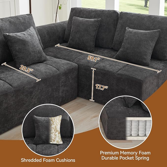 140''Modular Sectional Couches for Living Room, Cloud Boneless Compressed Sectional Sofa, Oversized U Shaped 8 Seater Upholstered Memory Foam Sofa, No Assembly, Chenille Grey