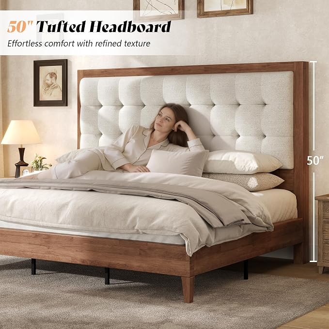 AMERLIFE Full Size Bed Frame with Headboard, Solid Wooden Bed Frame Full Size Platform Bed Frame Mid-Century Style, No Box Spring Required, Walnut