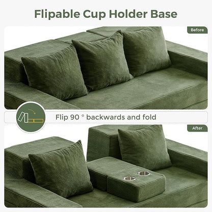 MAXYOYO Convertible Sofa Bed, 80" Oversized Boneless Loveseat Couch 4 in 1 Foldable Floor Sofa Couch in A Box with 2 Cup Holders, Folding Chair for Living Room, No Assembly Required, Green