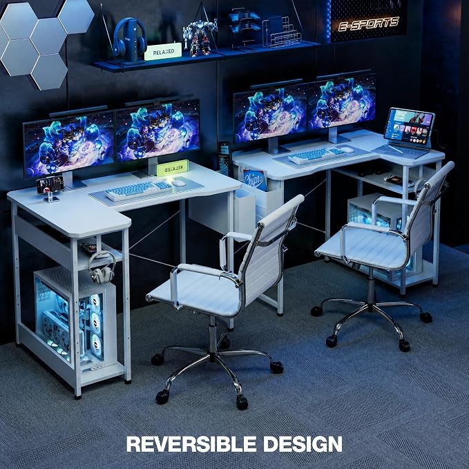 Acrolix L Shaped Gaming Desk 48 Inch - Computer Corner Desk with Power Outlets, Reversible Shelves & Storage Bag for Home Office, PC Gaming Table, White Carbon