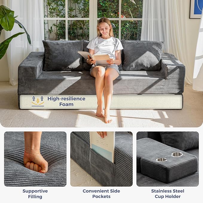 MAXYOYO Convertible Sofa Bed, 80" Oversized Boneless Loveseat Couch 4 in 1 Foldable Floor Sofa Couch in A Box with 2 Cup Holders, Folding Chair for Living Room, Grey