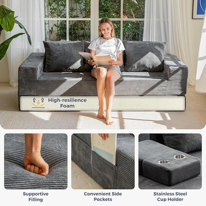 MAXYOYO Convertible Sofa Bed, 80" Oversized Boneless Loveseat Couch 4 in 1 Foldable Floor Sofa Couch in A Box with 2 Cup Holders, Folding Chair for Living Room, Grey