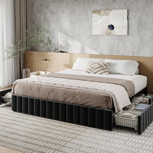 Allewie King Size Platform Bed Frame with 4 Large Storage Drawers, Velvet Vertical Channel Tufted Upholstered Bed Base, Wooden Slats Support, Noise-Free, No Box Spring Needed, Easy Assembly, Black