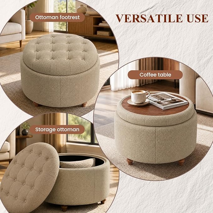 25Inch Round Ottoman with Storage, Tufted Fabric Modern Circle Ottoman with Reversible Tray Lid and Wood Legs, Multi-Functional Small Coffee Table for Living Room, Bedroom, Coffee