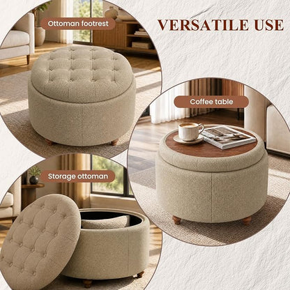 25Inch Round Ottoman with Storage, Tufted Fabric Modern Circle Ottoman with Reversible Tray Lid and Wood Legs, Multi-Functional Small Coffee Table for Living Room, Bedroom, Coffee
