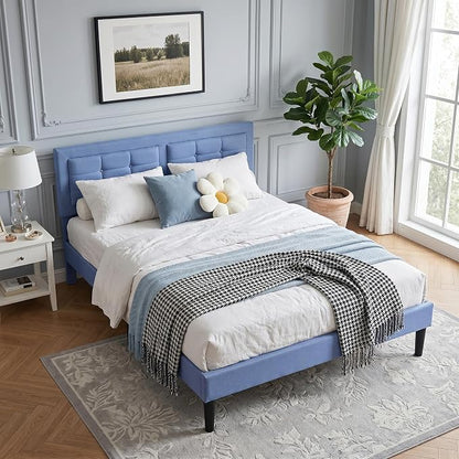 VECELO Queen Size Bed Frame, Adjustable Upholstered Button Tufted Headboard, Heavy-Duty Bedframe with Wood Slats Support, No Box Spring Needed, Light Blue