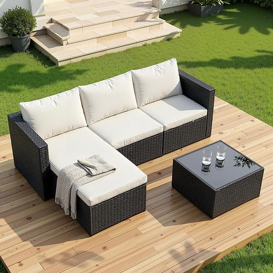 Shintenchi 4 Pieces Patio Furniture Set, 2-in-1 Convertible Sectional Sofa & Chaise Lounge, All-Weather Wicker Rattan Sofa Couch with Cushions & Coffee Table for Yard, Garden, Porch, Poolside (Beige)