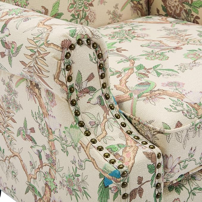 Pia Ricco Set of 2 Floral Accent Chairs, High Back Upholstered Armchairs with Retro Wingback Design, Nailhead Trim & Solid Wood Legs for Living Room Bedroom(Bird Pattern)