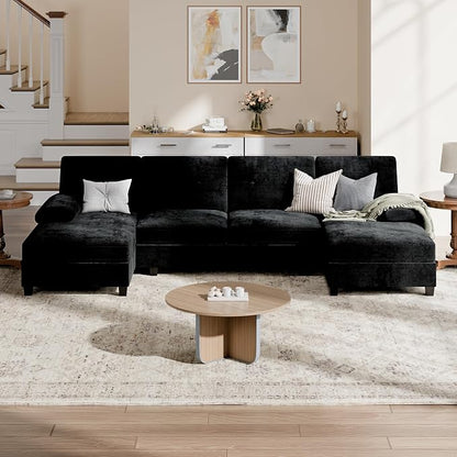 Shintenchi U-Shaped Sectional Sofa with Double Chaise,Linen Fabric 4-Seat Modern Couch, Removable Pillows for Apartment Living Room, Gray