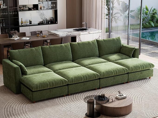 Ihanherry 152" Oversized Modular Sectional Sofa, Modern Cloud Couch with 4 Storage Ottoman, 8-Seat Comfy Chenille Deep Seat Sofa with 2 Pillows for Living Room, Green