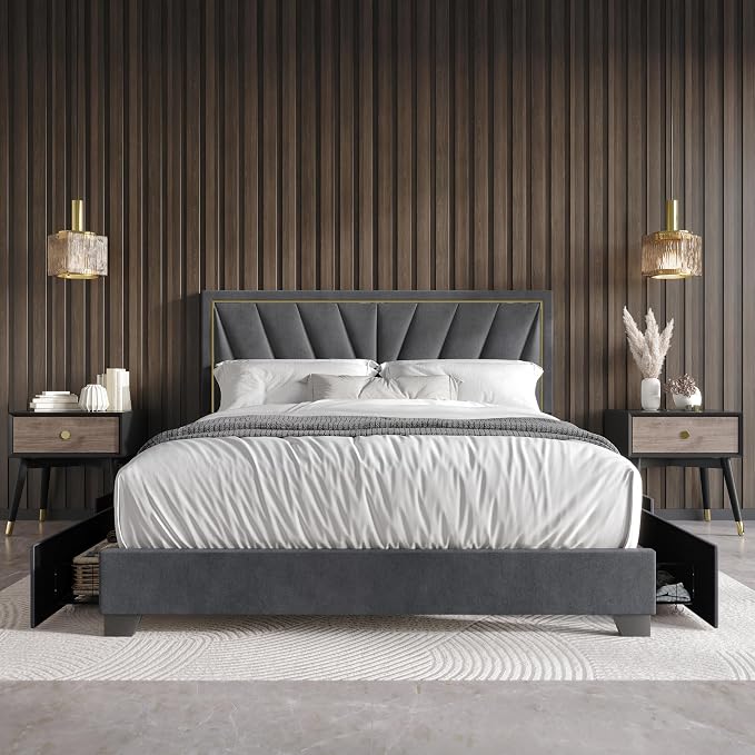 HOME DESIGN Valdez Full Size Upholstered Storage Platform Bed Frame, Velvet Fabric, Channel Tufted Headboard, 4 Drawers, No Box Spring Needed, Dark Gray