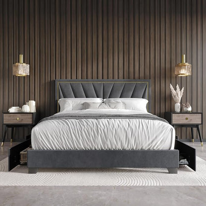 HOME DESIGN Valdez Full Size Upholstered Storage Platform Bed Frame, Velvet Fabric, Channel Tufted Headboard, 4 Drawers, No Box Spring Needed, Dark Gray