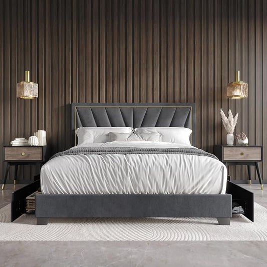 HOME DESIGN Valdez Queen Size Upholstered Storage Platform Bed Frame, Velvet Fabric, Channel Tufted Headboard, 4 Drawers, No Box Spring Needed, Dark Gray