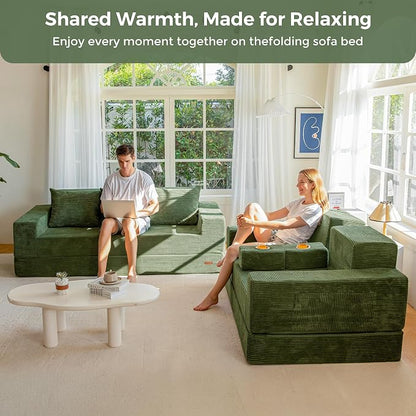 MAXYOYO Convertible Sofa Bed, 80" Oversized Boneless Loveseat Couch 4 in 1 Foldable Floor Sofa Couch in A Box with 2 Cup Holders, Folding Chair for Living Room, No Assembly Required, Green
