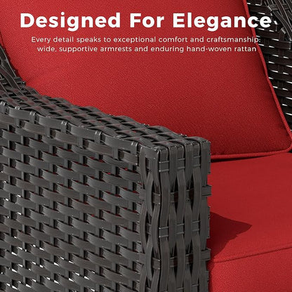 3 Pieces Patio Conversation Furniture Set - 1 Sofa, 2 Swivel Chairs, Outdoor Wicker Furniture with Removable Cushions for Porch, Balcony, Sunroom (Red)
