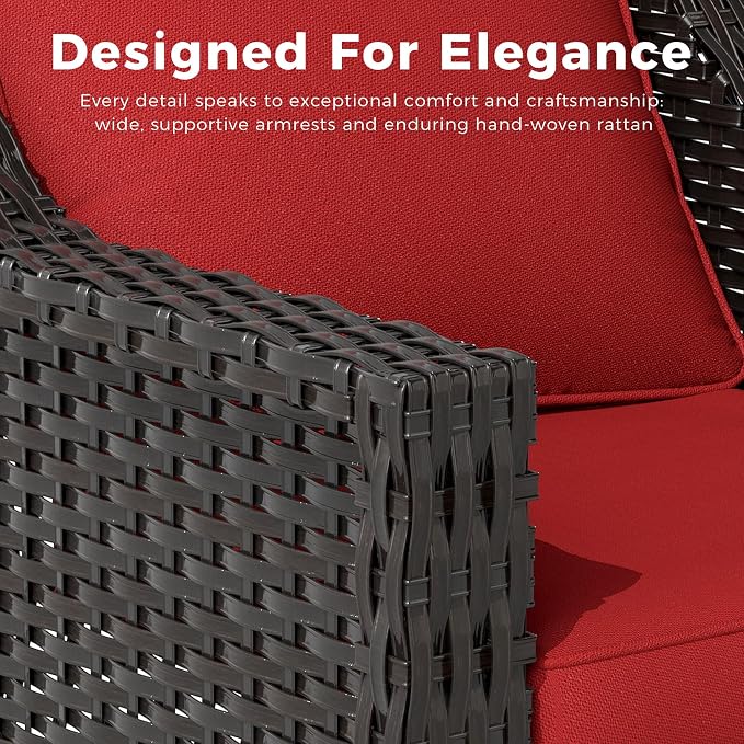6 Pieces Patio Conversation Furniture Set - 4 Swivel Chairs, 2 Side Tables, Outdoor Wicker Furniture with Removable Cushions for Porch, Sunroom (Red)