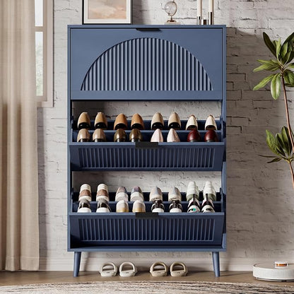 Xixini Shoe Storage Cabinet with 3 Flip Drawers, 50" Tall Narrow Wood Fluted Shoe Organizer for Entryway, Freestanding Wooden Hidden Slim Shoe Rack for Front Door Entrance, Hallway, Foyer, Navy Blue