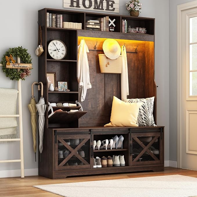 75''H 59''W Large LED Farmhouse Hall Tree with Bench and Shoe Storage,Entryway Bench with Coat Rack,16 Shoe Cubbies & Umbrella Holder and Sock Storage Drawer,Mudroom/Hallway Storages Cabinet(Brown)